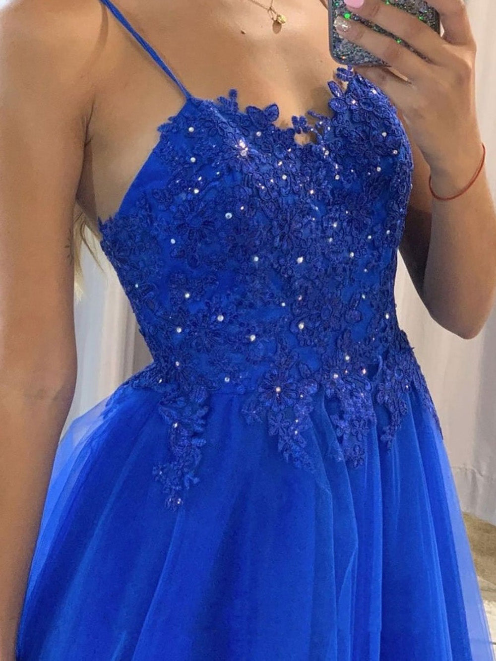 Royal Blue Prom Dress Spaghetti Strap Lace Beaded A Line Tulle Formal Evening Gowns Ms2607292