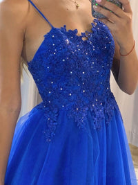 Royal Blue Prom Dress Spaghetti Strap Lace Beaded A Line Tulle Formal Evening Gowns Ms2607292