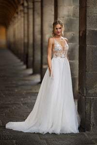 فستان زفاف بتطريز دانتيل رومانسي، كتف مكشوف، تول، تصميم خط A، فساتين عروس Ms2503262