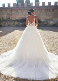 Lace V Neck Wedding Dress Ball Gown Glitter Tulle Backless Bridal Gown Ms260319101