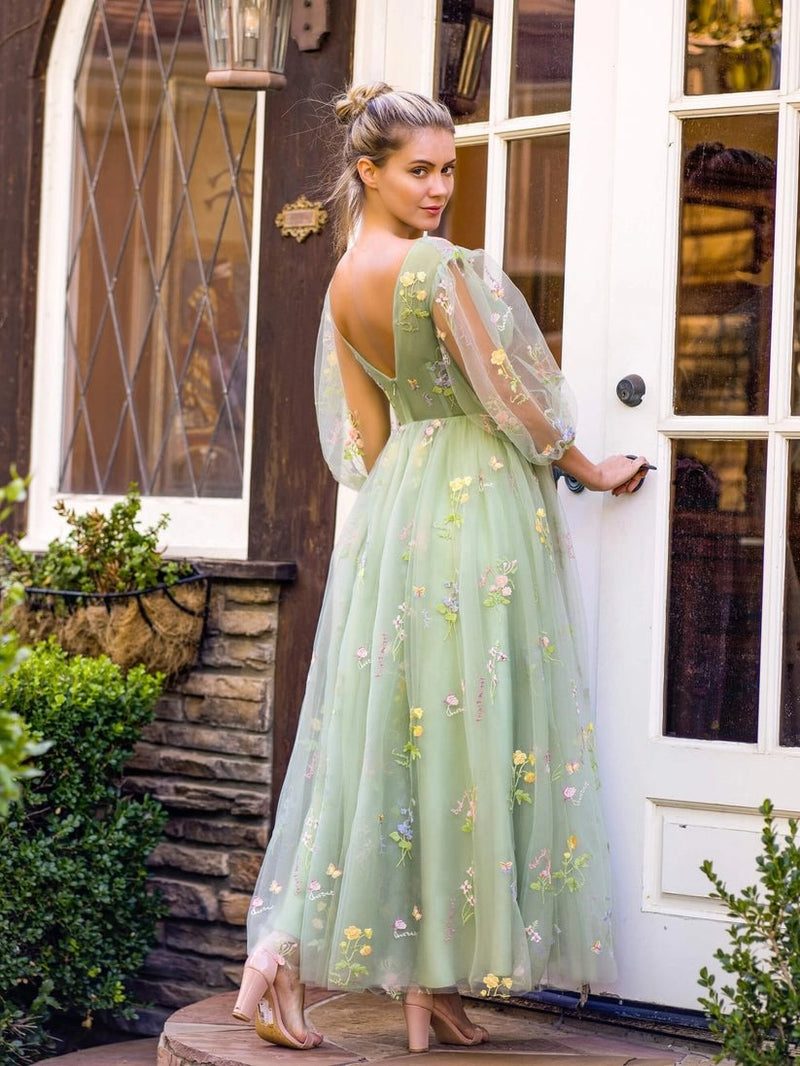 Floral Prom Dress V Neck Tulle Midi Evening Gown Puff Sleeves Fairy Garden Party Dress Ms2606202