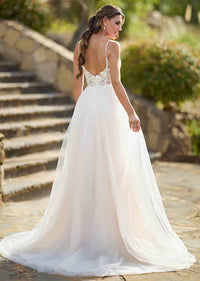 Robes de mariée à manches longues pour mariée Robes de mariée à col en V Robes de mariée en dentelle et tulle pour femmes avec traîne