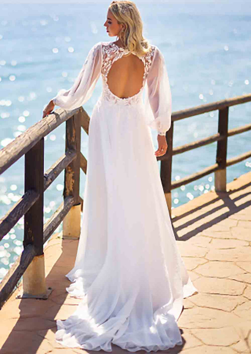 Long Sleeve Lace Wedding Dress A Line Backless Bridal Dress Ms2603063