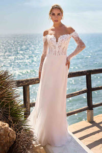 Lace Wedding Dress 3D Flower Corset Long Sleeve Beach Chiffon Bridal Dress Ms2603065