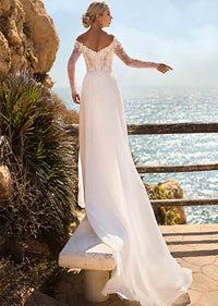 Lace Wedding Dress 3D Flower Corset Long Sleeve Beach Chiffon Bridal Dress Ms2603065