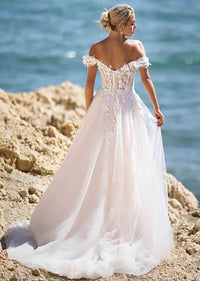 Robes de mariée à manches longues pour mariée Robes de mariée à col en V Robes de mariée en dentelle et tulle pour femmes avec traîne