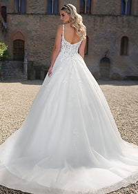 Romantika Punta Aplikaĵa Geedziĝa Robo Senŝultra Tula A-linia Geedziĝa Robo Ms2503262