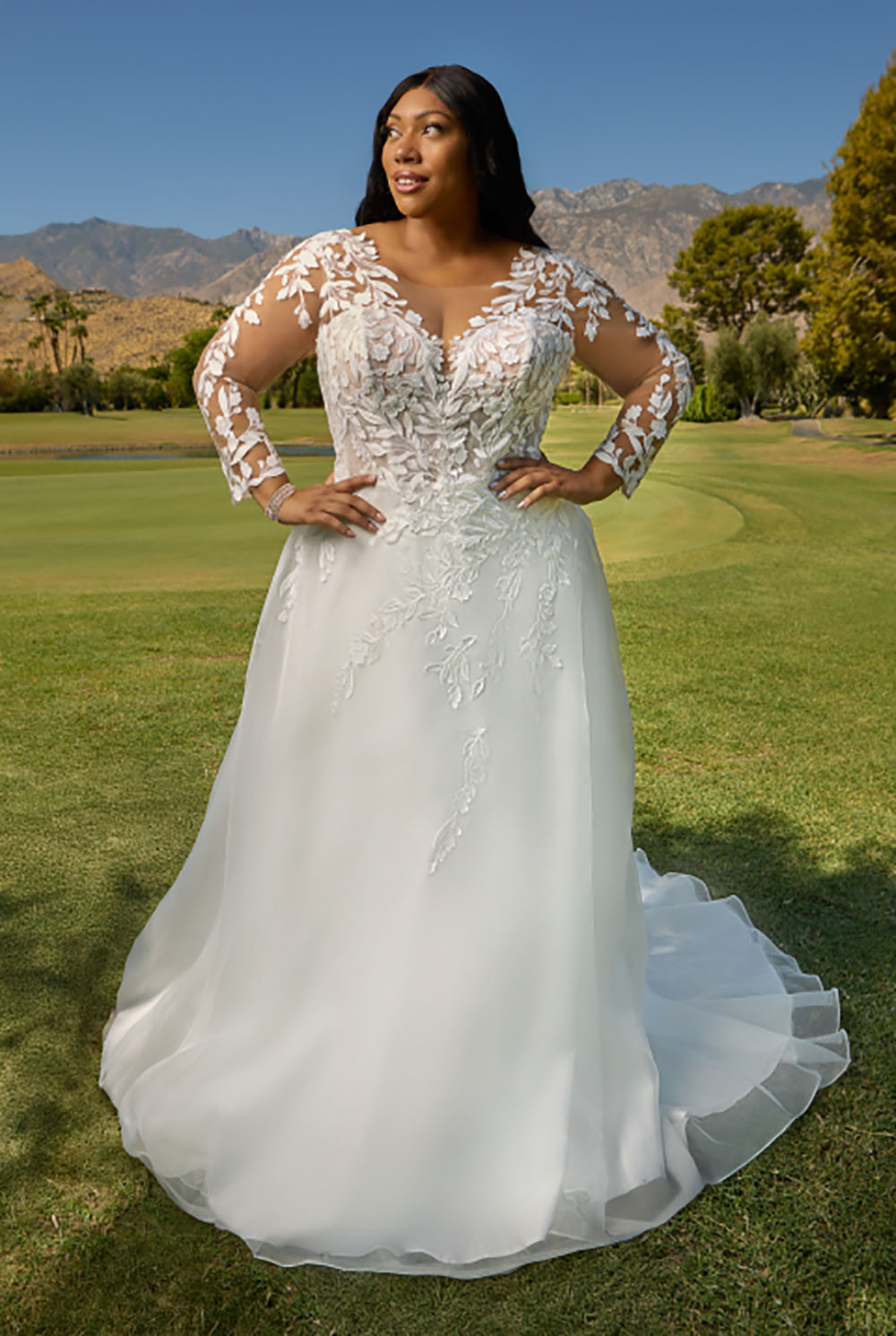plus size wedding dresses with long sleeves Boho Plus Size A-Line Long Sleeves Lace Wedding Dresses With V-Neck Sweep  Train