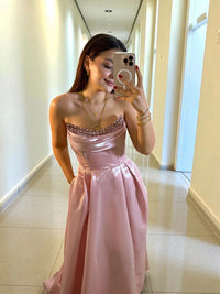 Shiny Satin Beaded Corset Formal Evening Gown High Slit A Line Prom Dress Ms2512231