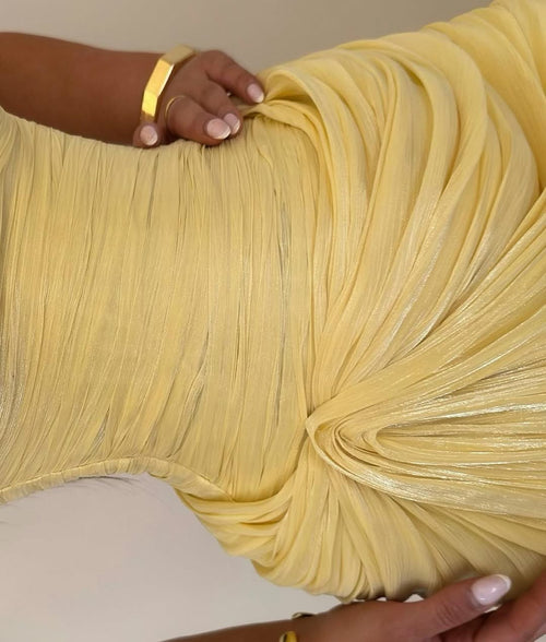 Yellow Strapless Prom Dress Ruched Satin Evening Gown High Slit Elegant Party Gown Ms2605274