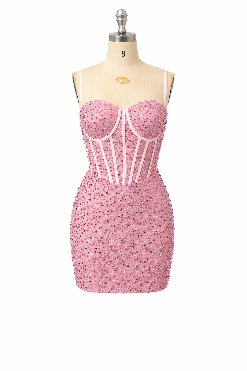 Luxury Sparkly Sequin Mini Homecoming Dress Corset Short Spaghetti Straps Croset Cocktail Party Gown for Teens MS2503081