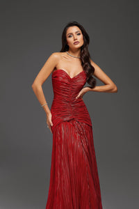 Red Strapless Ruched Prom Dress Pleated Formal Evening Gown Gala Dress Ms2604142