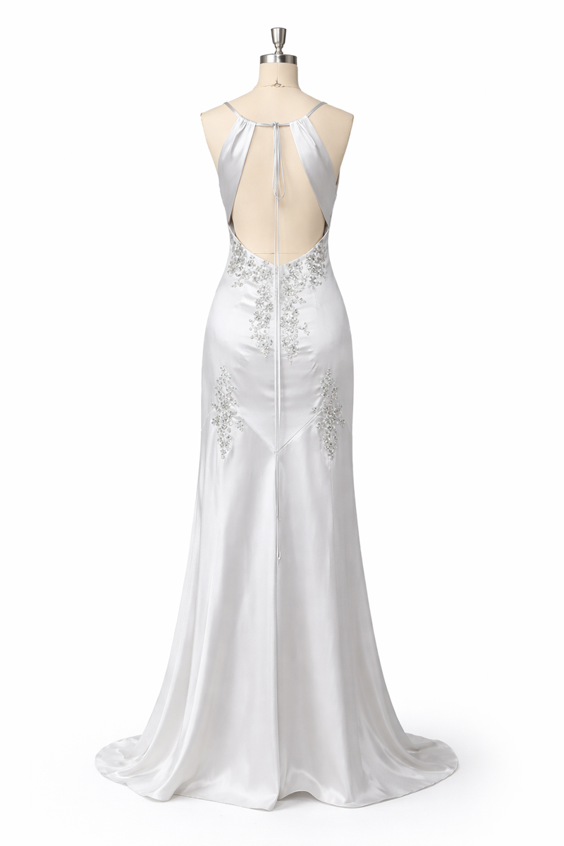 Lace Embroidered Prom Dress Beads Sexy Open Back Satin Evening Dress Ms2506111