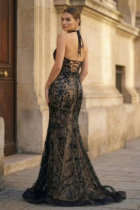 Sequin Lace Appliques Mermaid Evening Dress Halter Prom Dress with Cape Ms2602265