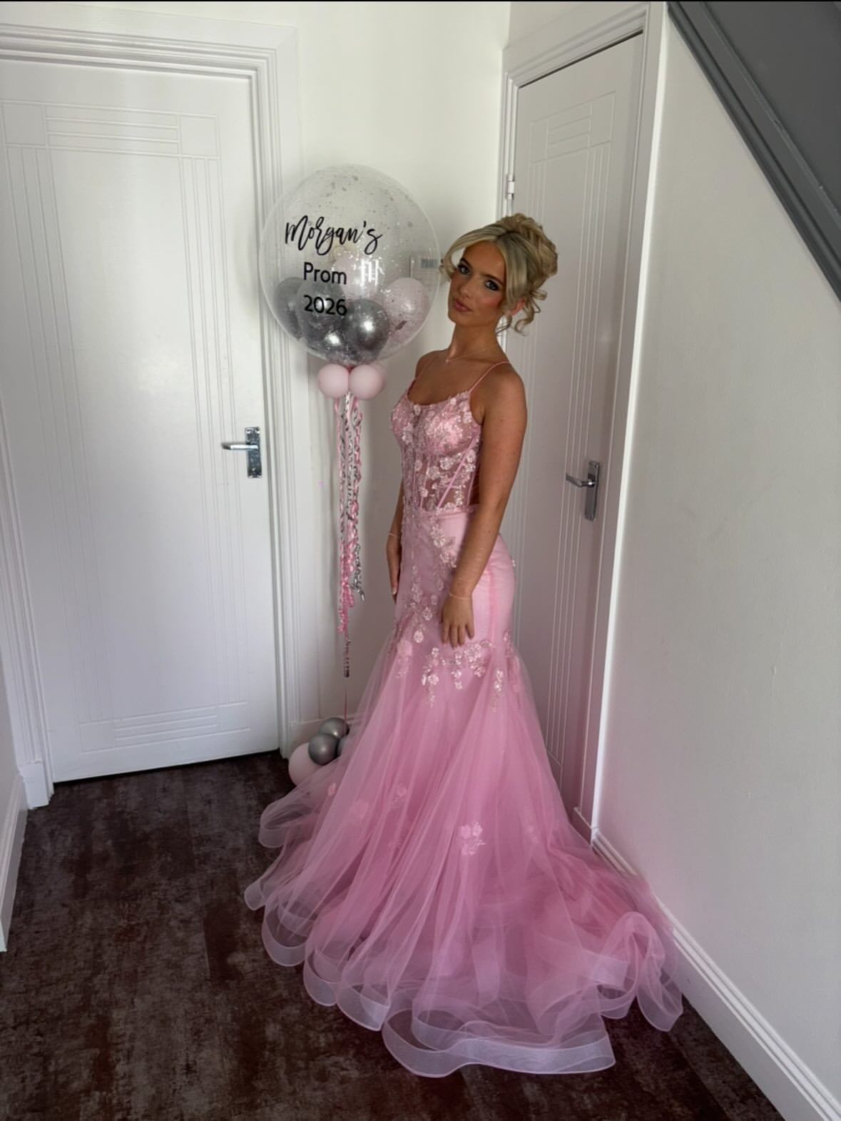 Pink Mermaid Prom Dress Spaghetti Strap Flower Lace Applique Corset Backless Evening Gown Ms2607184