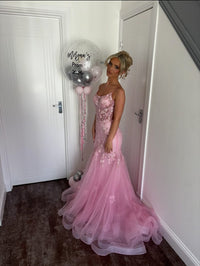 Pink Mermaid Prom Dress Spaghetti Strap Flower Lace Applique Corset Backless Evening Gown Ms2607184