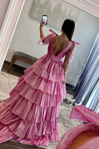 Tiered Ruffle Ball Gown Prom Dress Deep V Neck Sleeveles Layered Tulle Evening Gown Ms2606155