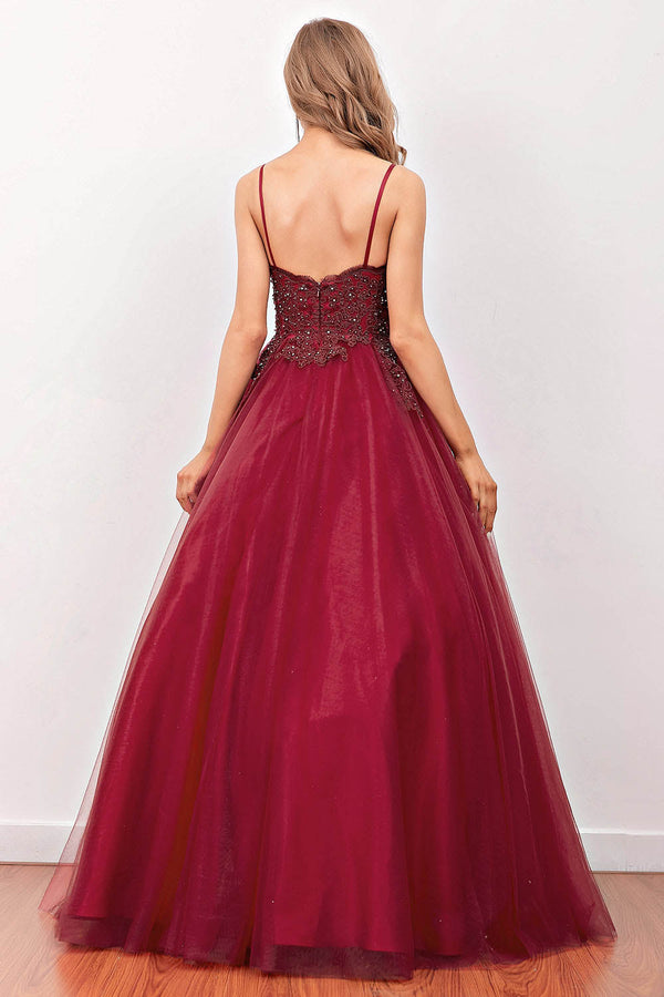 Burgundy Tulle Prom Dresses V Neck Beaded A-Line Evening Dress Ms2510184