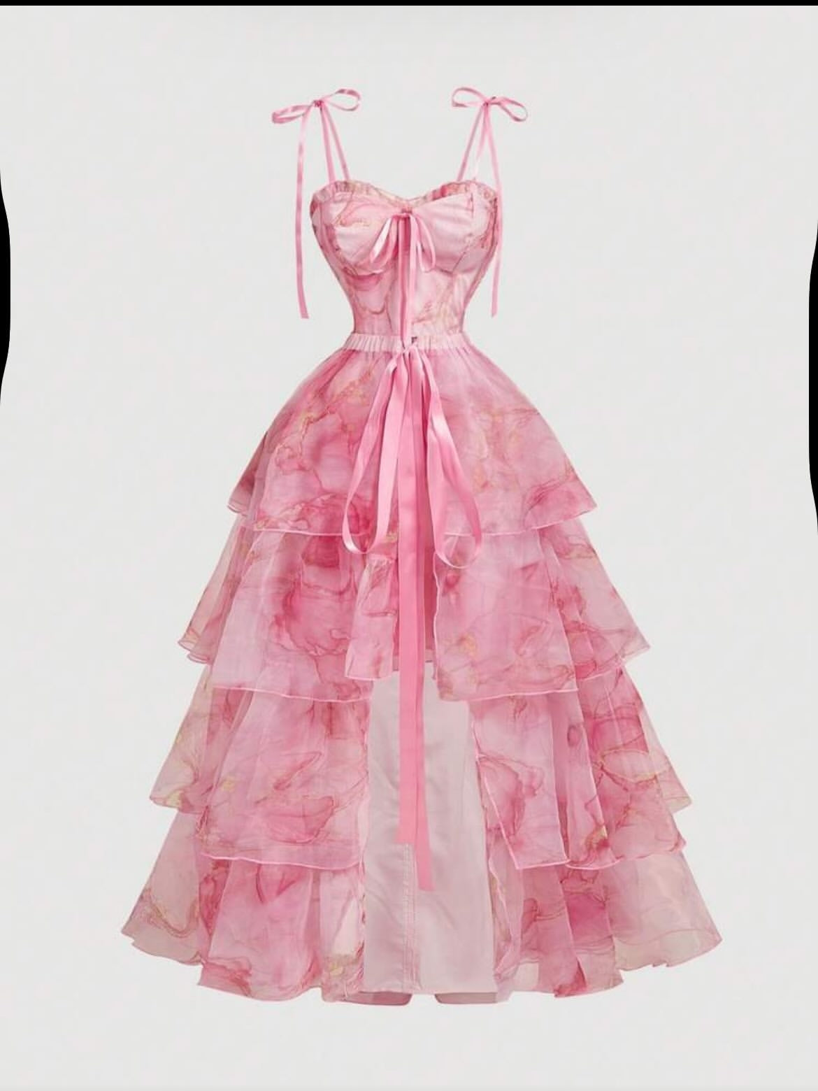 Pink Floral Print Quinceanera Dress Spaghetti Strap Tiered Ball Gown Corset Princess Prom Dress Ms2607163