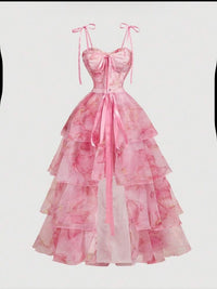 Pink Floral Print Quinceanera Dress Spaghetti Strap Tiered Ball Gown Corset Princess Prom Dress Ms2607163