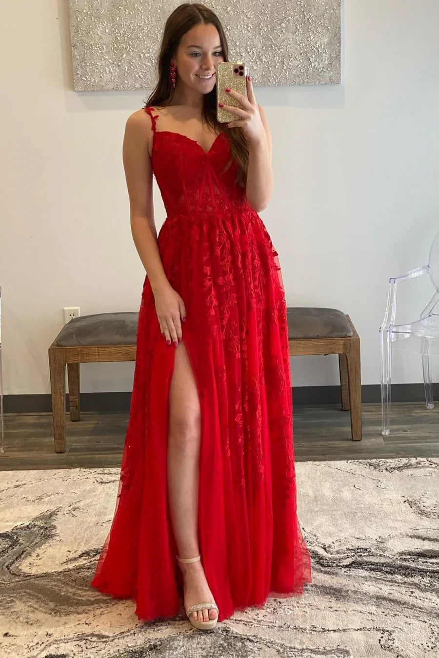 Red Lace Prom Dress Spaghetti Strap A Line High Slit Tulle Evening Dress Ms2603265