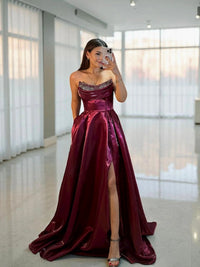 Shiny Satin Beaded Corset Formal Evening Gown High Slit A Line Prom Dress Ms2512231