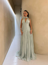 Elegantes grünes Ballkleid mit Rüschen und Rundhalsausschnitt für Damen, formelle Anlässe, Partykleid, Abendkleid