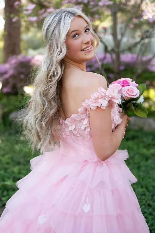 3D Floral Ruffle Layered Tulle Prom Dress Off Shoulder Slit Quinceanera Dress Ms2507051