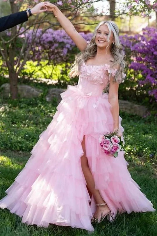 3D Floral Ruffle Layered Tulle Prom Dress Off Shoulder Slit Quinceanera Dress Ms2507051