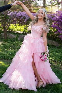 3D Floral Ruffle Layered Tulle Prom Dress Off Shoulder Slit Quinceanera Dress Ms2507051