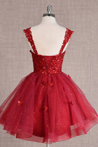 Glitzernde Pailletten-Heimkehrkleider 2024 für Teenager, schulterfrei, kurz, gestuftes Spitzen-Ballkleid, Cocktailpartykleid