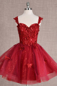 Glitzernde Pailletten-Heimkehrkleider 2024 für Teenager, schulterfrei, kurz, gestuftes Spitzen-Ballkleid, Cocktailpartykleid