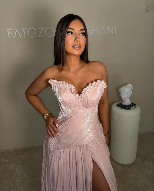Pink Strapless Prom Dress Lace Applique Formal Evening Gown Pleated Gala Dress Ms2605303