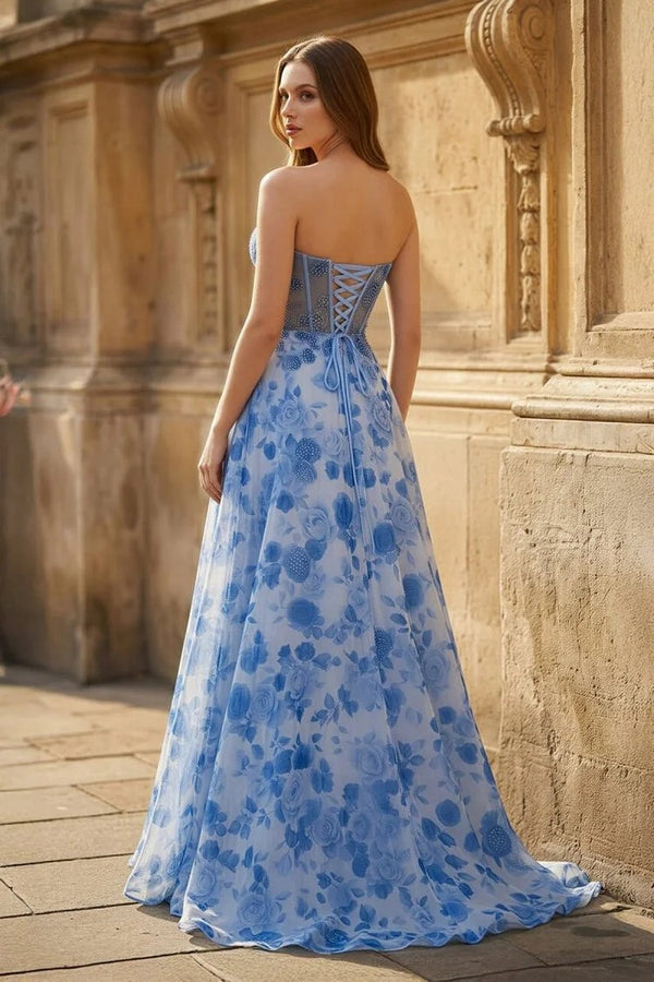 A Line Prom Dress Strapless Corset Print Floral Formal Evening Dress Ms2603106