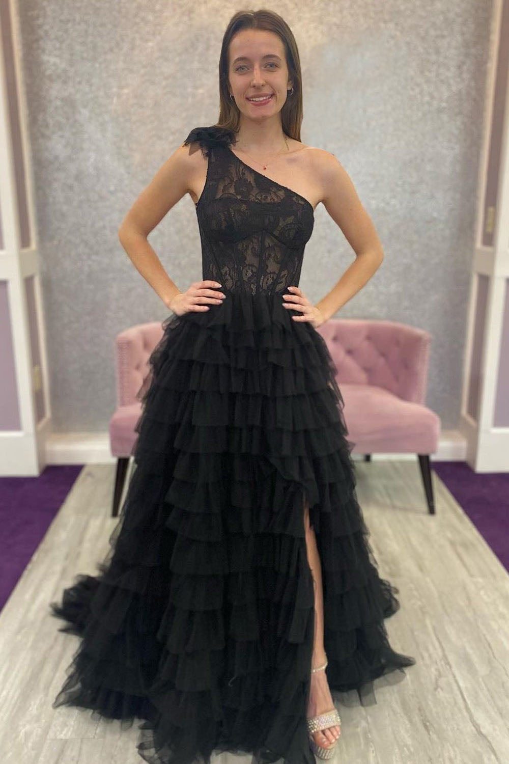 Abito da sera con spacco Ruffle, scollo a cuore, applicazioni in pizzo, corsetto, abito formale per festa di prom Ms2504114