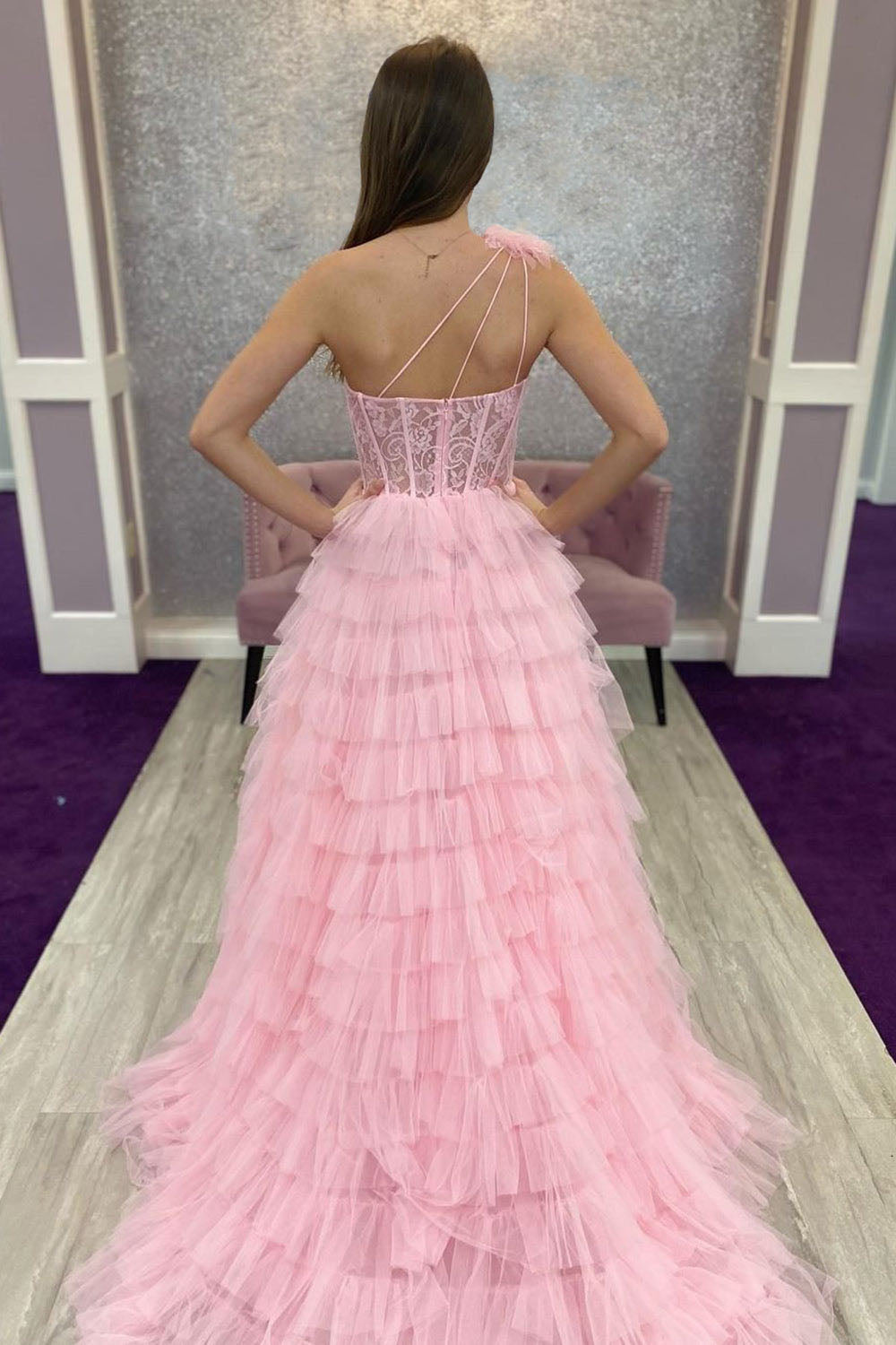 Abito da sera con spacco Ruffle, scollo a cuore, applicazioni in pizzo, corsetto, abito formale per festa di prom Ms2504114