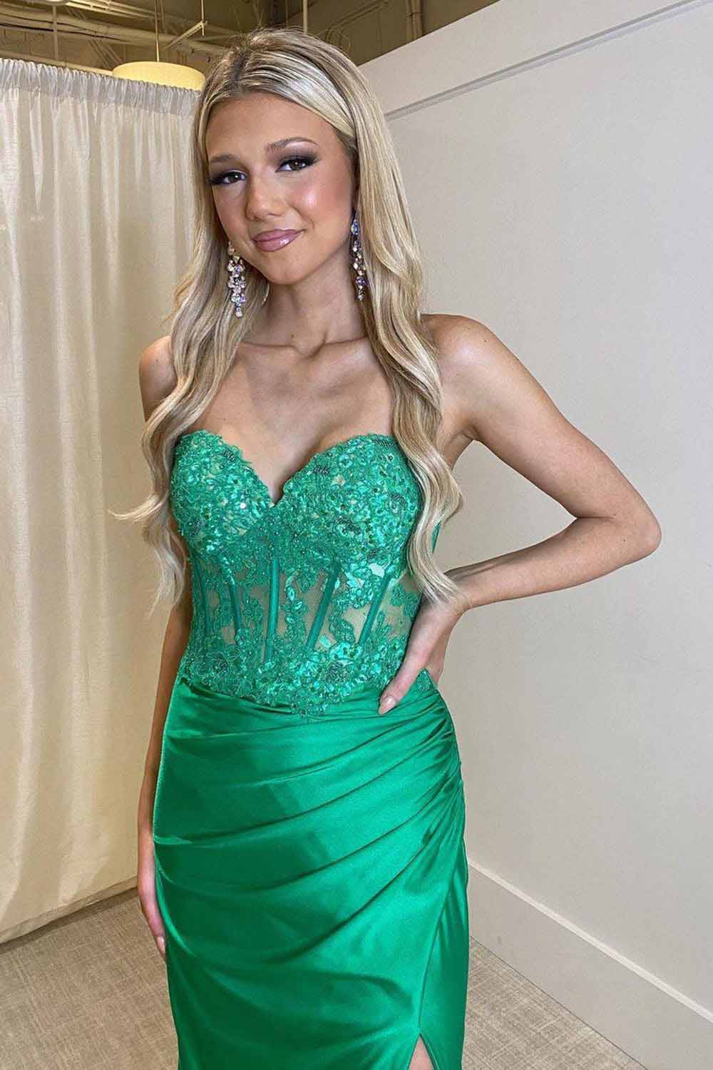 Strapless Corset Prom Dress Sequin Lace High Slit Satin Party Gown Ms2510186