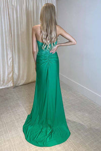 Strapless Corset Prom Dress Sequin Lace High Slit Satin Party Gown Ms2510186