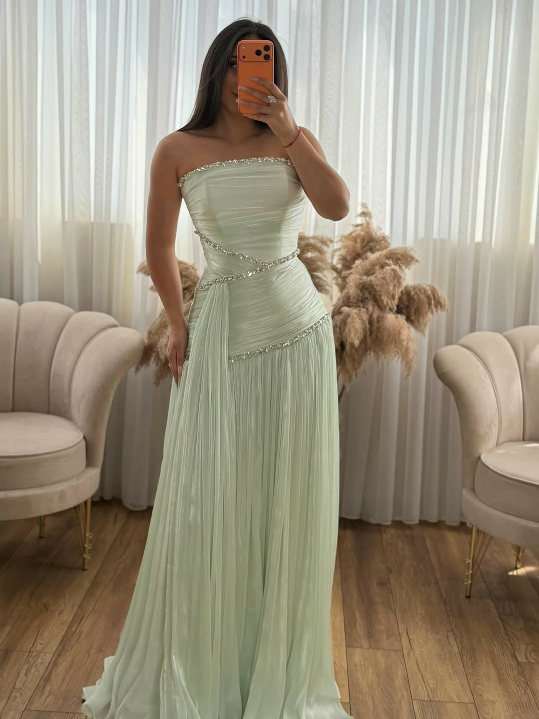 Elegantes grünes Ballkleid mit Rüschen und Rundhalsausschnitt für Damen, formelle Anlässe, Partykleid, Abendkleid