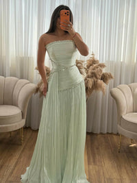 Elegantes grünes Ballkleid mit Rüschen und Rundhalsausschnitt für Damen, formelle Anlässe, Partykleid, Abendkleid