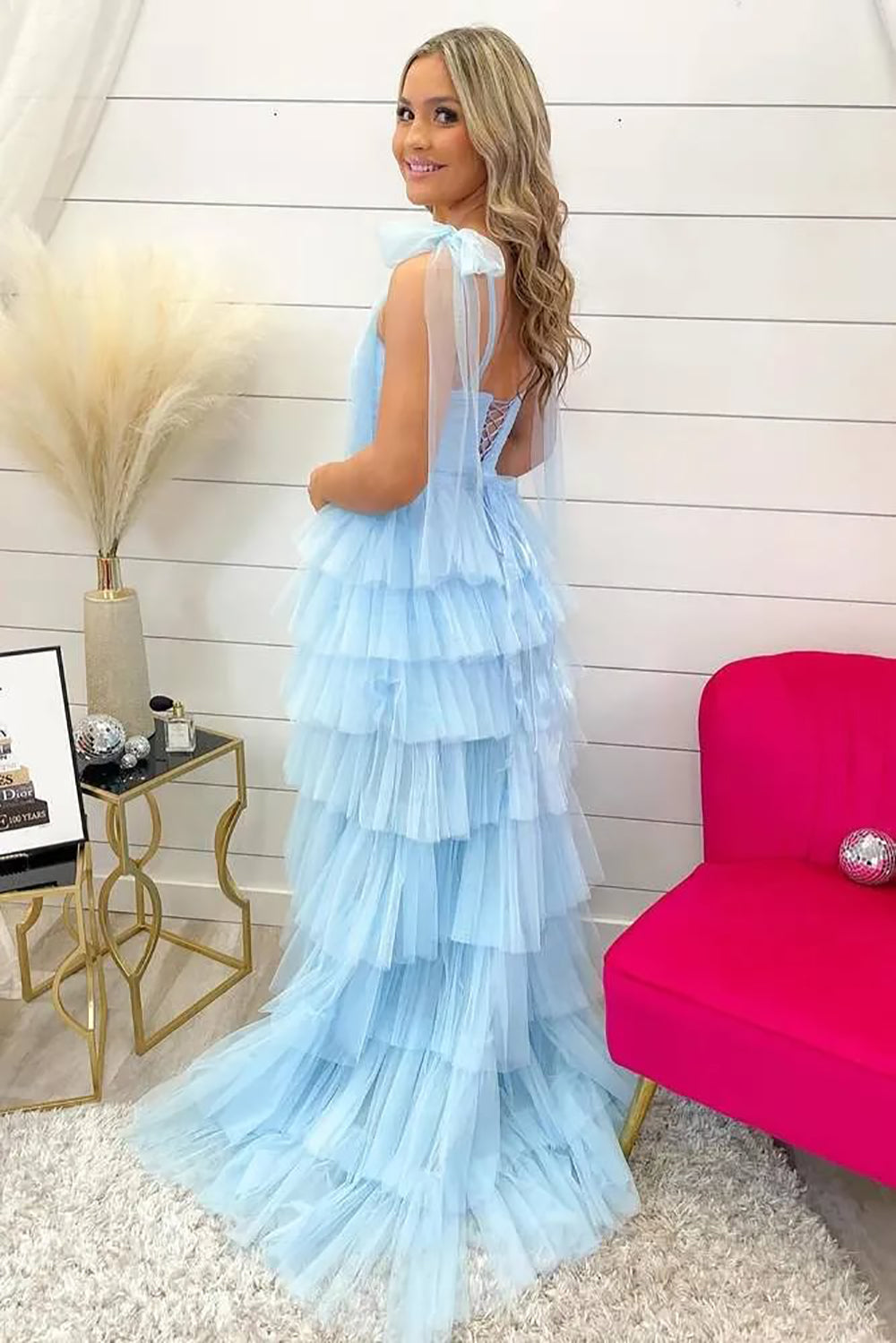 Sky Blue Tulle Prom Dress Spaghetti Strap Tiered Ruffle High Slit Evening Dress Ms2606121