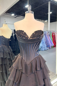 A Line Prom Dress Strapless Layered Slit Corset Formal Party Dress Ms25071441