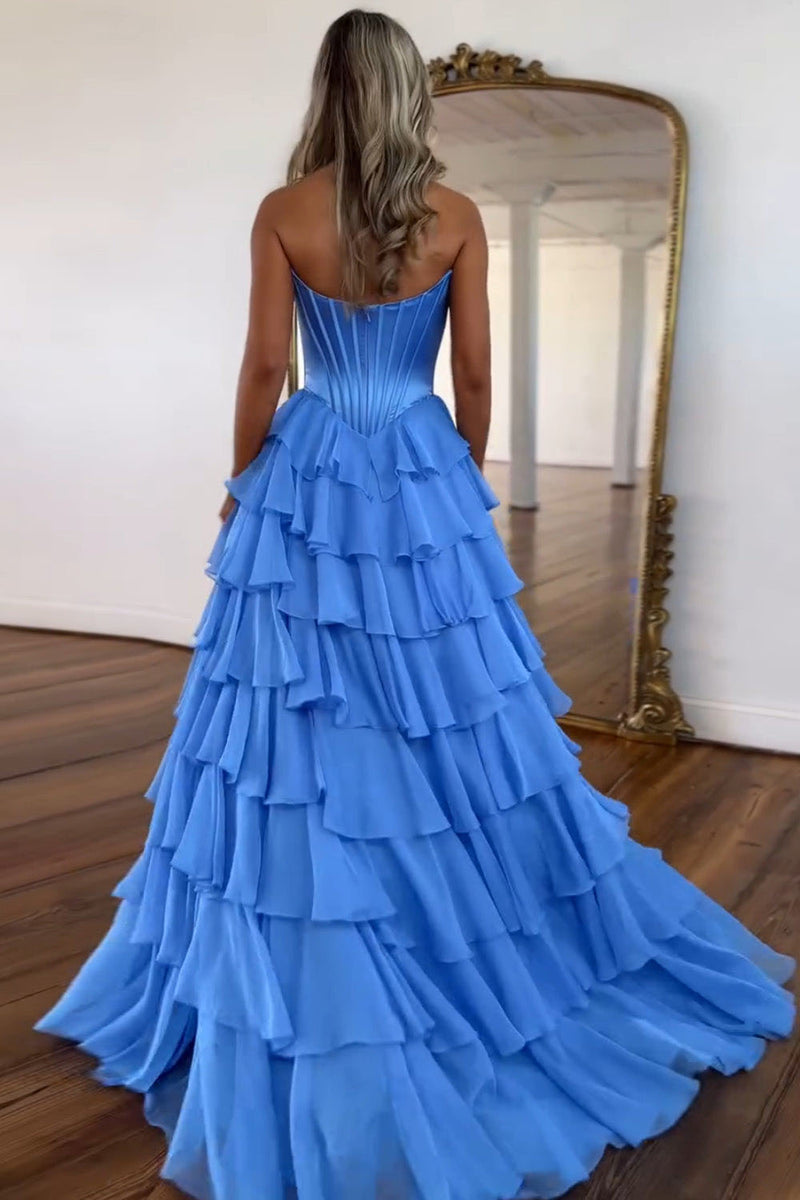 A Line Prom Dress Strapless Layered Slit Corset Formal Party Dress Ms25071441