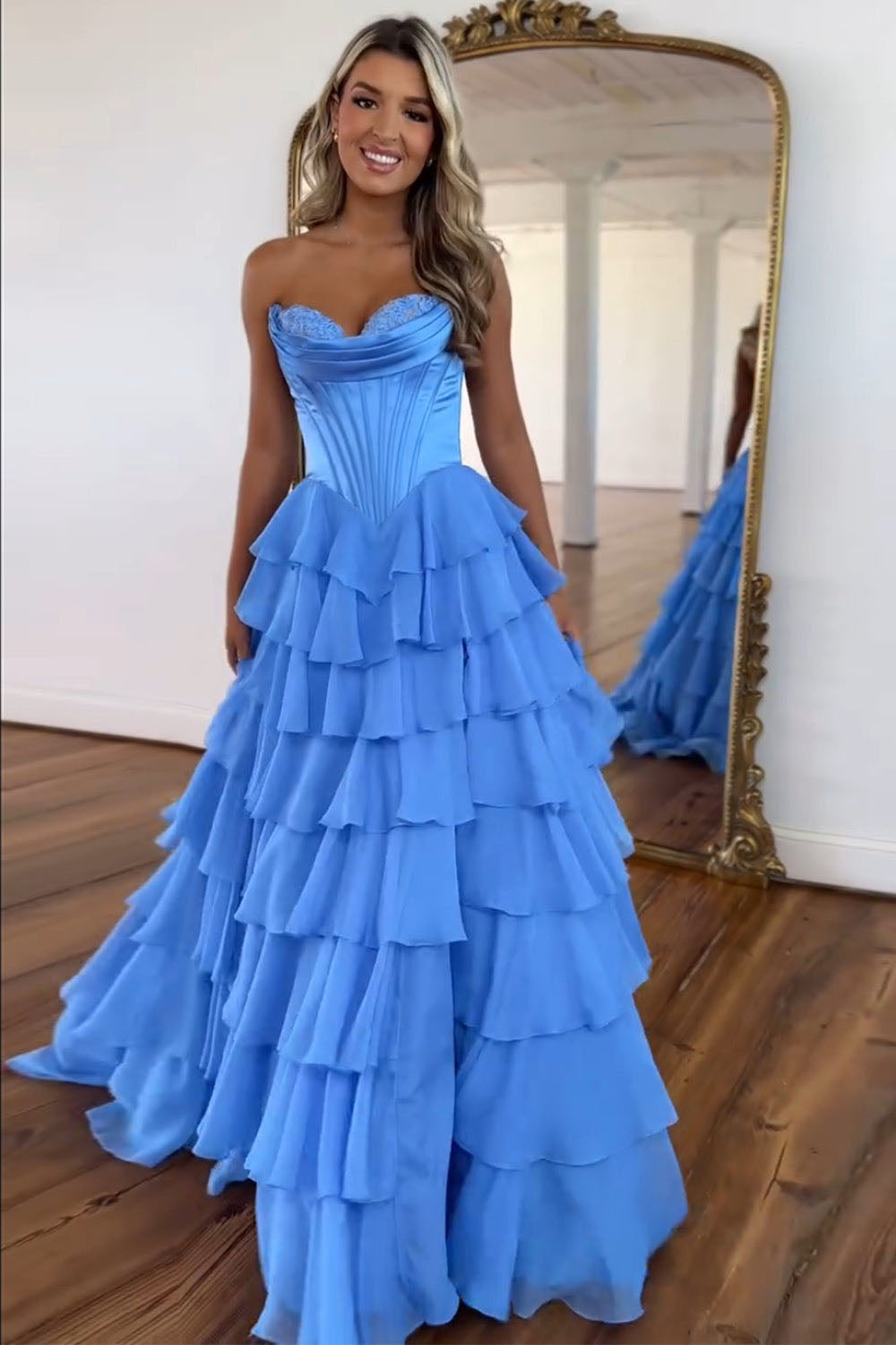 A Line Prom Dress Strapless Layered Slit Corset Formal Party Dress Ms25071441