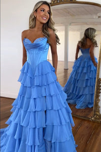 A Line Prom Dress Strapless Layered Slit Corset Formal Party Dress Ms25071441