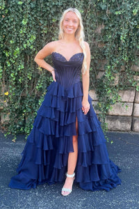 A Line Prom Dress Strapless Layered Slit Corset Formal Party Dress Ms25071441