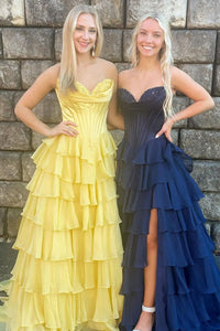 A Line Prom Dress Strapless Layered Slit Corset Formal Party Dress Ms25071441