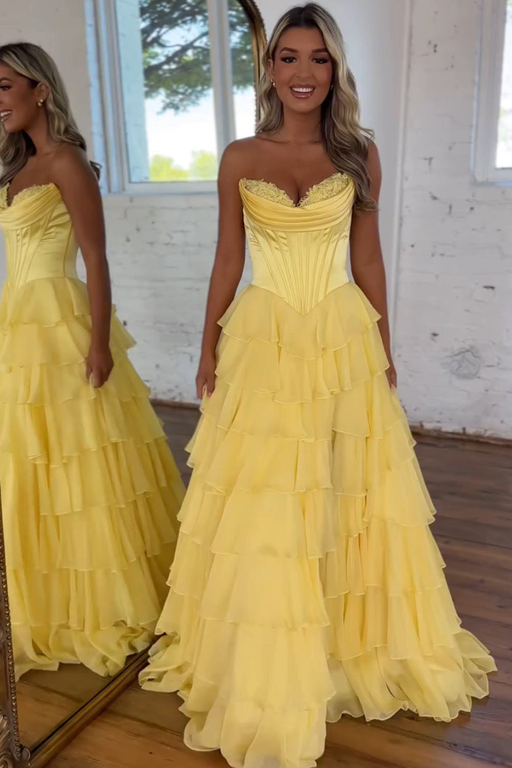 A Line Prom Dress Strapless Layered Slit Corset Formal Party Dress Ms25071441