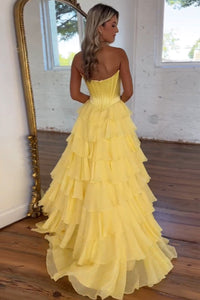A Line Prom Dress Strapless Layered Slit Corset Formal Party Dress Ms25071441