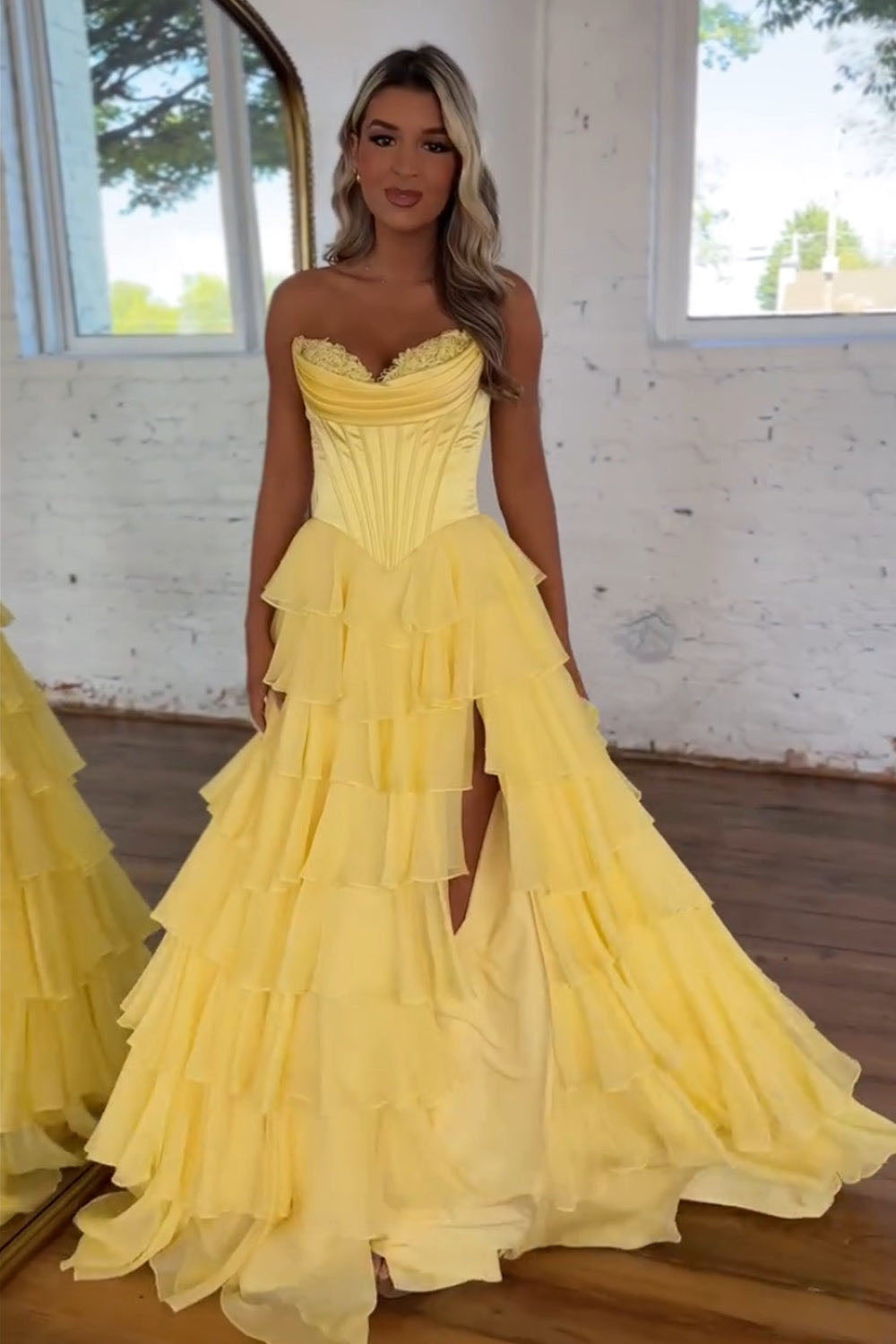A Line Prom Dress Strapless Layered Slit Corset Formal Party Dress Ms25071441